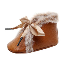 Load image into Gallery viewer, Baby PU Boots Winter Anti-slip Warm First Walkers Soft Soled Booties Toddler Bowknot Lace-up Shoes

