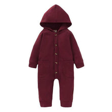 Load image into Gallery viewer, Newborn Clothing Solid Long Sleeve Hooded Button Pockets Romper Winter Warm Jumpsuit for Girls and Boys
