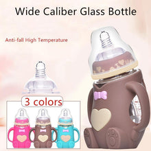 Load image into Gallery viewer, Infant Cartoon Baby Cute Feeding Glass Bottle Safe Silicone Milk Bottle With Handle Newborn Drink Training Colorful Feeding Bottles
