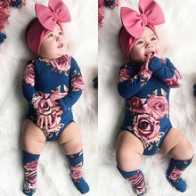 Load image into Gallery viewer, Newborn Baby Girls Floral Clothes Spring Autumn Long Sleeve Romper Warm Leg Socks Outfits Romer and Jumpsuit For Kids With Socks in Floral Design
