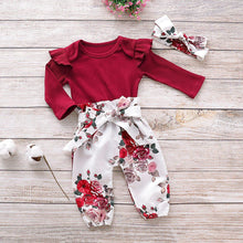 Load image into Gallery viewer, Newborn Baby Girl Clothes Knitting Cotton Long Sleeve  Tops Flower Print Long Pants Headband
