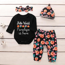 Load image into Gallery viewer, Halloween Clothing Newborn Infant Pumpkin Romper Floral Trousers Hat Headband 4pcs Set For Girls
