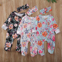 Load image into Gallery viewer, Baby Girls Footies Floral Print Ruffles Single Breasted Playsuit Headband Clothes Outfits For Girls with Bow Floral Printed
