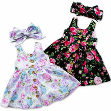 Load image into Gallery viewer, Modern Elegant Baby Girls Kids Summer Floral Dress Princess Party Sleeveless Dresses Headband 2pcs 0-4Y For Party In Flowers Modern Design With Bow
