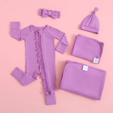 Load image into Gallery viewer, Luxie Lavender Ruffled Zipper Baby Romper
