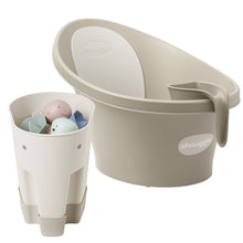 Load image into Gallery viewer, Baby Bathtime Essentials Bundle | Newborn Baby Bath with Support, Rinse Jug, and Ellie Bath Toy Scoop - Taupe
