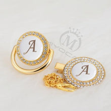 Load image into Gallery viewer, Luxury Modern Diamond Pacifier and Chain Gold Set With Initials Letter White Elegant A Beautiful Pacifier and Pacifier lip
