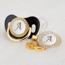 Load image into Gallery viewer, Luxury Modern Diamond Pacifier and Chain Gold Set With Initials Letter White Elegant A Beautiful Pacifier and Pacifier lip

