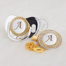 Load image into Gallery viewer, Luxury Modern Diamond Pacifier and Chain Gold Set With Initials Letter White Elegant A Beautiful Pacifier and Pacifier lip
