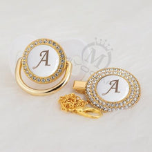 Load image into Gallery viewer, Luxury Modern Diamond Pacifier and Chain Gold Set With Initials Letter White Elegant A Beautiful Pacifier and Pacifier lip
