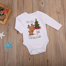 Load image into Gallery viewer, Modern Christmas Newborn Infant Baby Boys and Girls Cartoon Deer Christmas Tree Print Long Sleeves Romper

