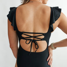 Load image into Gallery viewer, Lace Up Ruffle Neck One Piece Breastfeeding Swimsuit
