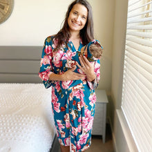 Load image into Gallery viewer, Teal Peony Maternity Set (3-piece set: Robe, Swaddle, &amp; Headband)
