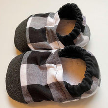 Load image into Gallery viewer, Black &amp; White Buffalo Plaid Baby Moccasins
